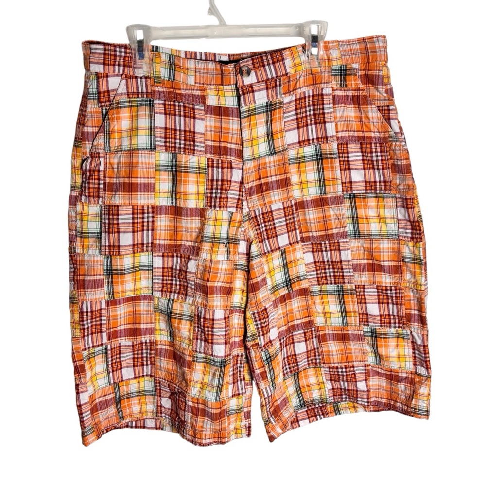 Dtek 90s/ Y2K Korean orange & yellow plaid cotton shorts with pockets size 38